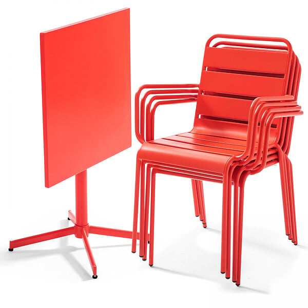 OVIALA - Ensemble table de jardin 70 cm et 4 fauteuils en métal rouge - Palavas - large