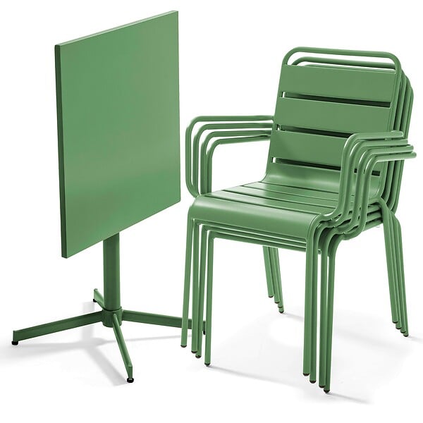 OVIALA - Ensemble table de jardin et 4 fauteuils en métal vert cactus - Palavas - large