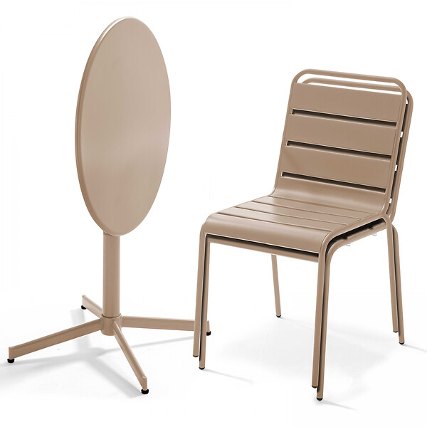OVIALA - Ensemble table de jardin ronde et 2 chaises métal taupe - Palavas - large