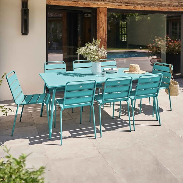 OVIALA - Ensemble table de jardin et 8 chaises en métal turquoise - Palavas - large