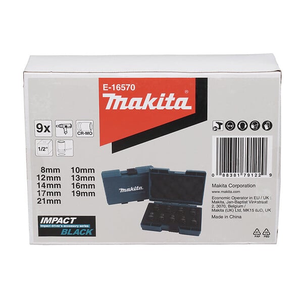 MAKITA - Coffret de 9 douilles carrée 1/2" IMPACT BLACK Makita E-16570 de 8 à 21mm - large