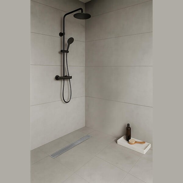 SANIVERRE - HOXY Caniveau douche à l’italienne motif en pointillé L.110 cm avec siphon anti-odeurs + filtre - large