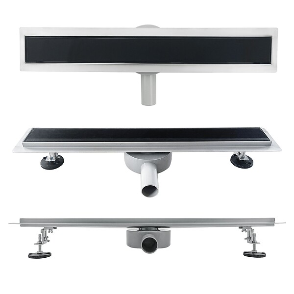 SANIVERRE - DUKA Caniveau de douche L.90 cm verre noir inox avec siphon 360°, drainage performant - large