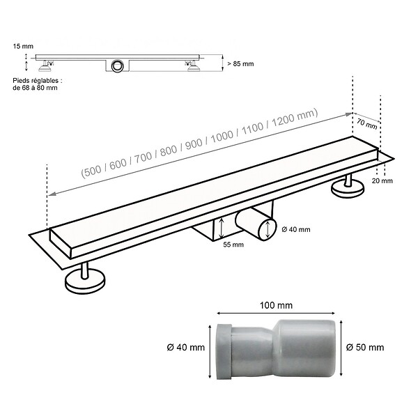 SANIVERRE - JAZY Caniveau de douche L.120 cm design linéaire, acier inoxydable, siphon anti-odeurs, drainage élevé - large