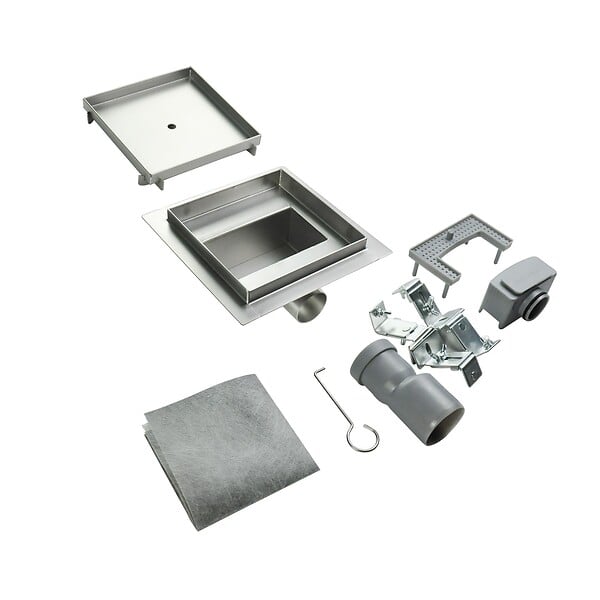 SANIVERRE - CIREA Caniveau de douche à carreler carré 20 x 20 cm, siphon anti-odeurs, drainage 36l/min, hauteur réglable - large