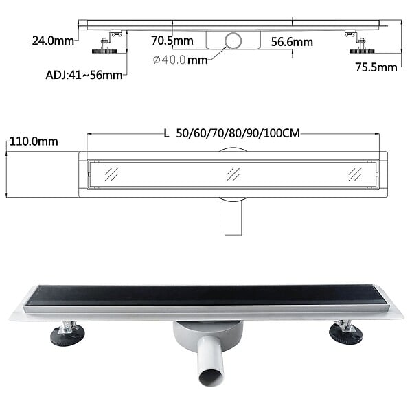 SANIVERRE - DUKA Caniveau de douche L.80 cm verre noir inox avec siphon 360°, drainage performant - large