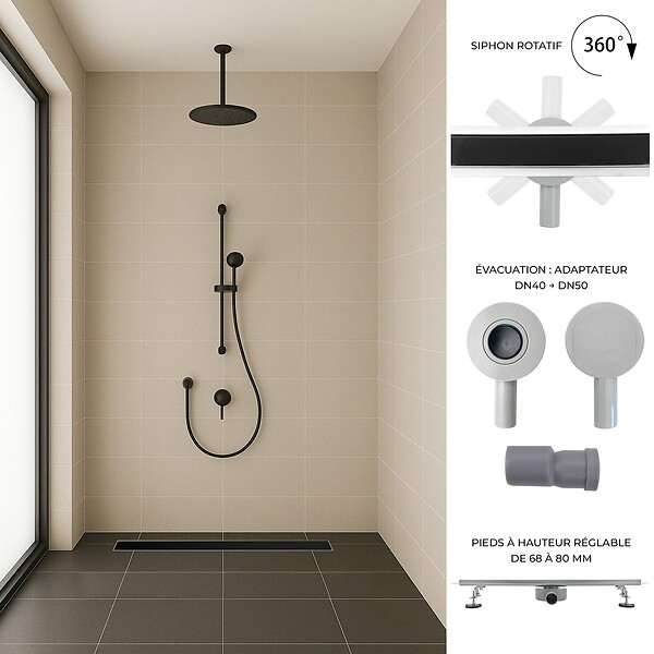 SANIVERRE - DUKA Caniveau de douche L.110 cm verre noir inox avec siphon 360°, drainage performant - large