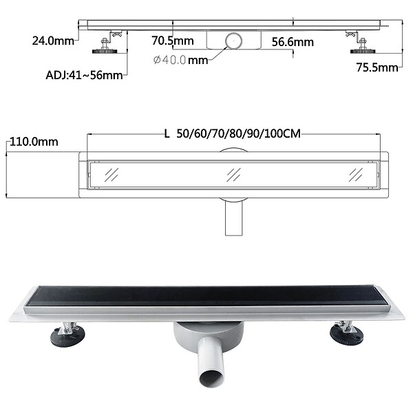 SANIVERRE - DUKA Caniveau de douche L.110 cm verre noir inox avec siphon 360°, drainage performant - large