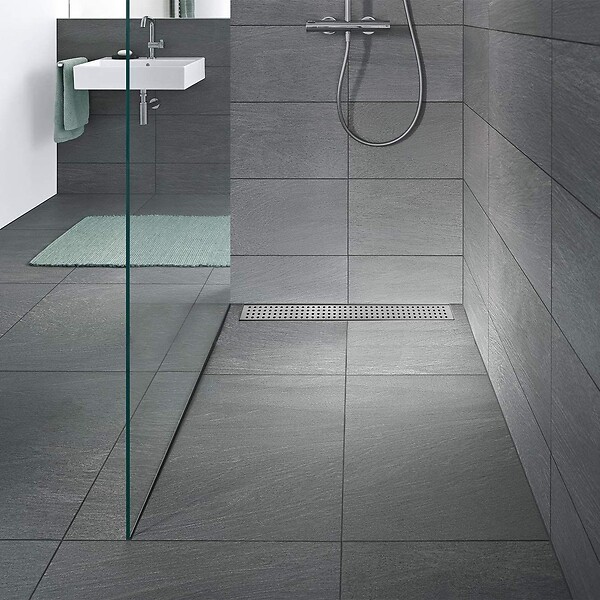 SANIVERRE - HOXY Caniveau douche à l’italienne motif en pointillé L.90 cm avec siphon anti-odeurs + filtre - large