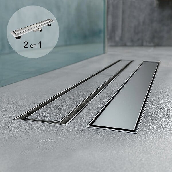 SANIVERRE - CELO Caniveau de douche 2en1 à encastrer L.90 cm, à carreler ou inox, drainage 36L/min, hauteur réglable - large