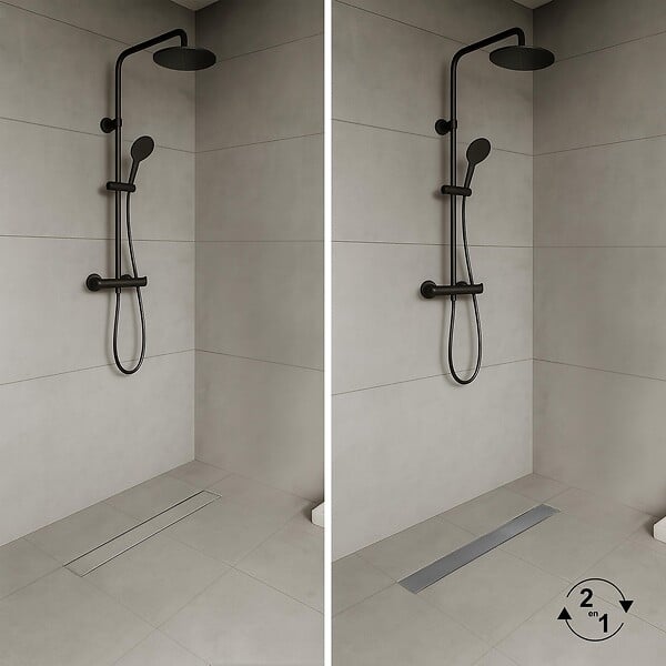 SANIVERRE - CELO Caniveau de douche 2en1 à encastrer L.90 cm, à carreler ou inox, drainage 36L/min, hauteur réglable - large