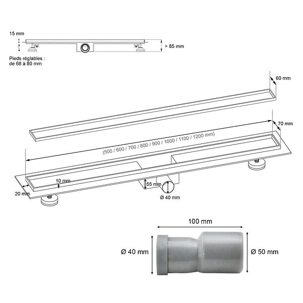 SANIVERRE - CELO Caniveau de douche 2en1 à encastrer L.90 cm, à carreler ou inox, drainage 36L/min, hauteur réglable - large