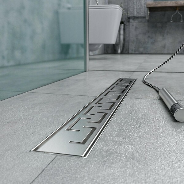 SANIVERRE - GREA Caniveau de douche motif grec L.80 cm en acier inoxydable, siphon anti-odeurs, drainage élevé - large