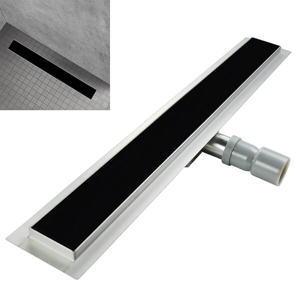 SANIVERRE - KODY Caniveau de douche L.90 cm verre noir et acier inoxydable, siphon anti-odeurs, drainage performant - large
