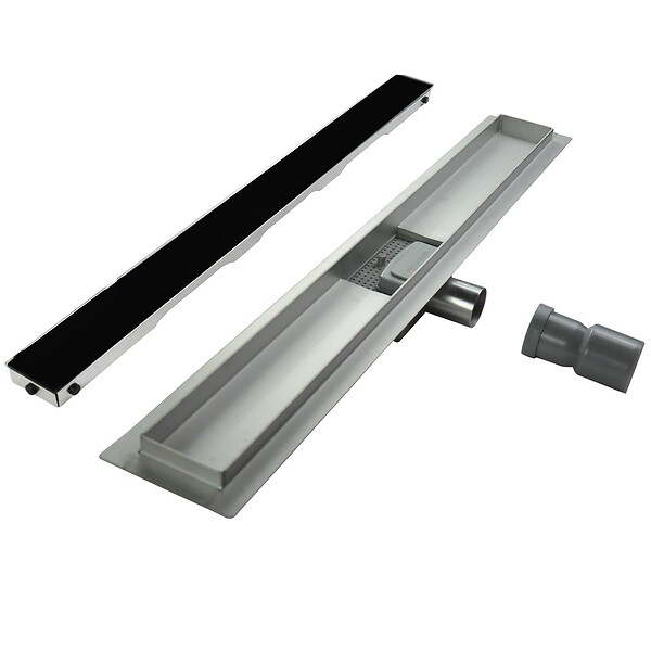 SANIVERRE - KODY Caniveau de douche L.90 cm verre noir et acier inoxydable, siphon anti-odeurs, drainage performant - large