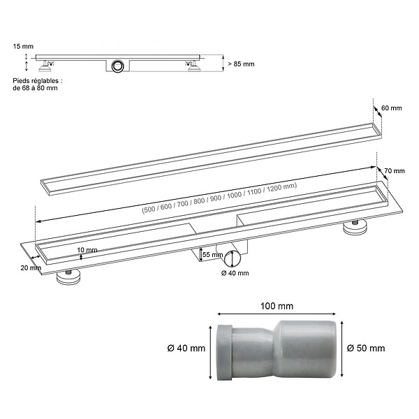 SANIVERRE - CELO Caniveau de douche 2en1 à encastrer L.110 cm, à carreler ou inox, drainage 36L/min, hauteur réglable - large