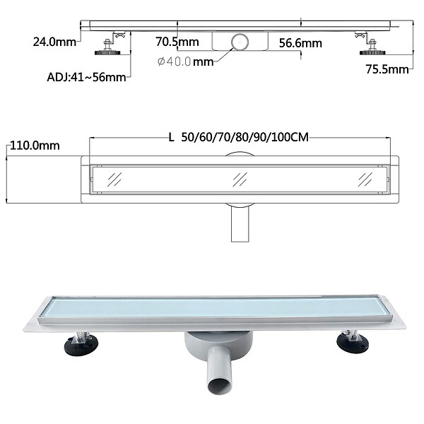 SANIVERRE - DUKA Caniveau de douche L.120 cm verre blanc inox avec siphon 360°, drainage performant - large