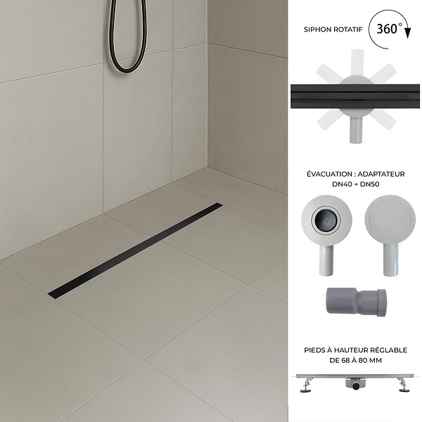 SANIVERRE - SAMY Caniveau de douche italienne compact noir L.80 cm siphon 360°, drainage 36l/min, hauteur réglable - large