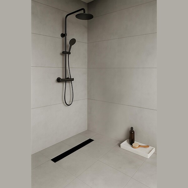 SANIVERRE - KODY Caniveau de douche L.70 cm verre noir et acier inoxydable, siphon anti-odeurs, drainage performant - large