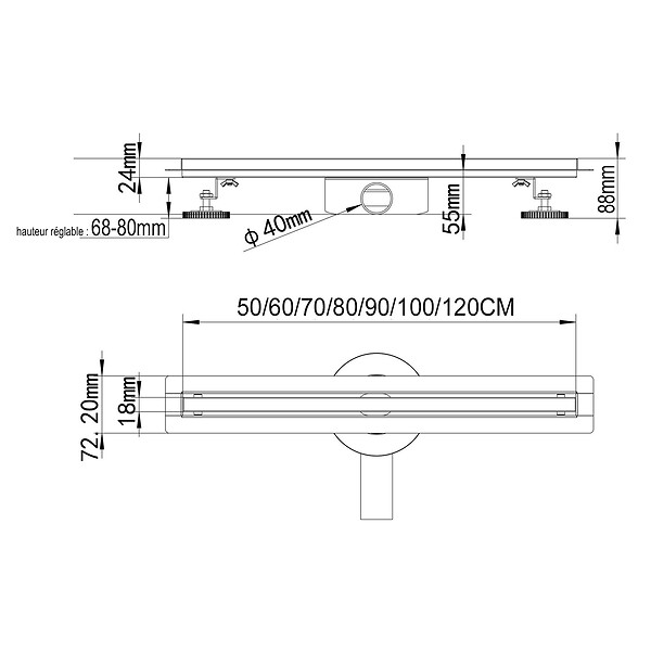 SANIVERRE - SAMY Caniveau de douche italienne compact noir L.100 cm siphon 360°, drainage 36l/min, hauteur réglable - large