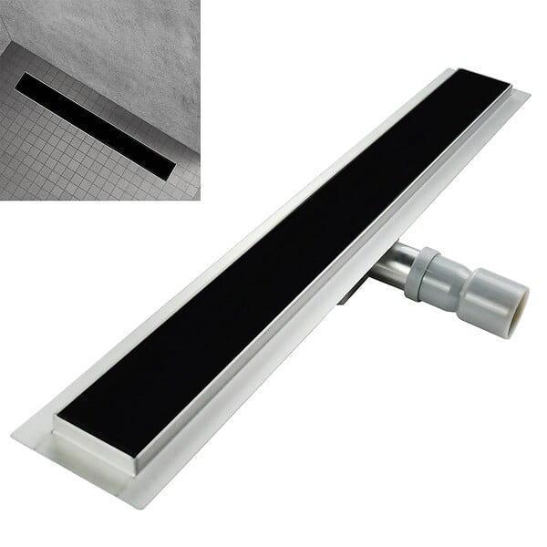 SANIVERRE - KODY Caniveau de douche L.110 cm verre noir et acier inoxydable, siphon anti-odeurs, drainage performant - large