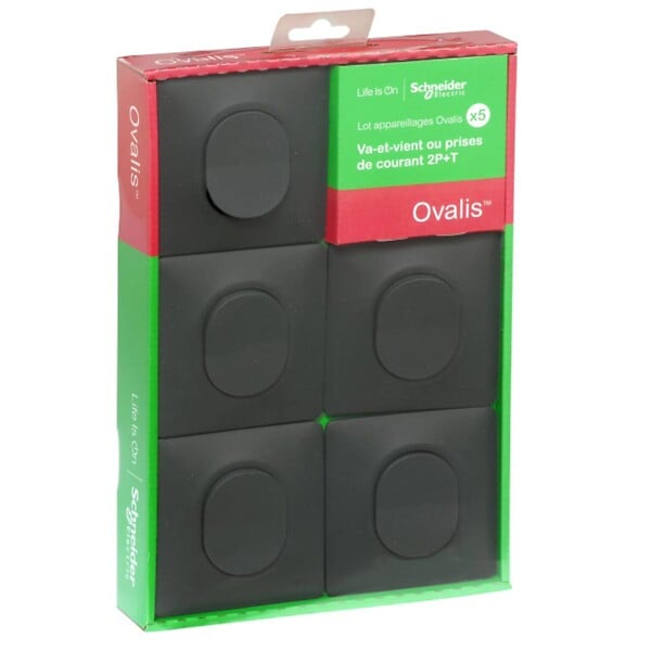 SCHNEIDER ELECTRIC - Lot 5 interrupteurs va-et-vient brochables + plaque - anthracite - Ovalis - Schneider - large