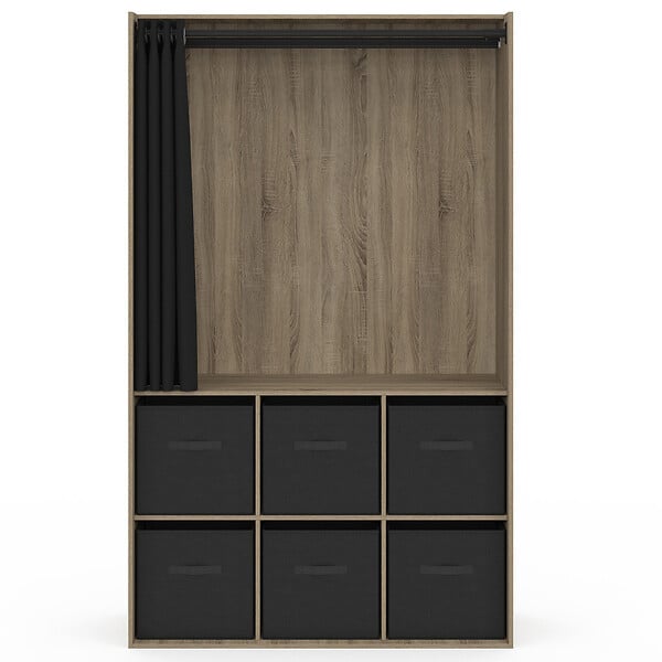 ID MARKET - Dressing penderie DIANE 104 x 50 x 172 cm hêtre avec 6 boites de rangement + rideau noir - large