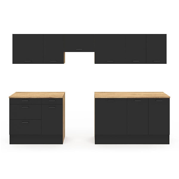 ID MARKET - Cuisine complète casserolier 300 cm SUBTIL avec plan de travail 9 éléments bois et noir - large