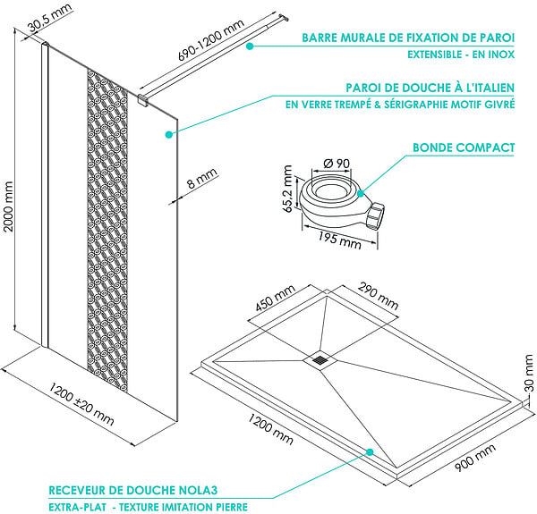 ONDEE - PACK DOUCHE - Receveur blanc 120X90cm + Paroi en 120cm + barre de fixation - large