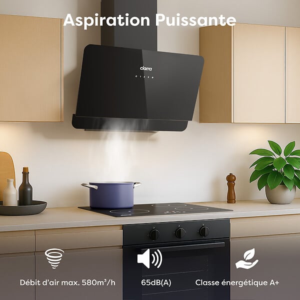 CIARRA - Hotte Aspirante Inclinée 60cm 580 m³/h 3 Vitesses Tactile Recyclage ou Evacuation CD6765CB - large