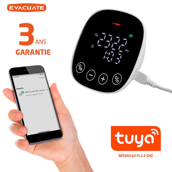 EVACUATE - Détecteur CO2 connecté écran LED : mesure la qualité de l'air - large