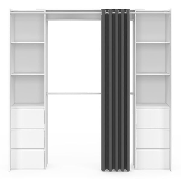 ID MARKET - Dressing extensible double MERYL 120/180 cm blanc avec 6 tiroirs + étagères + double penderie + rideau gris - large