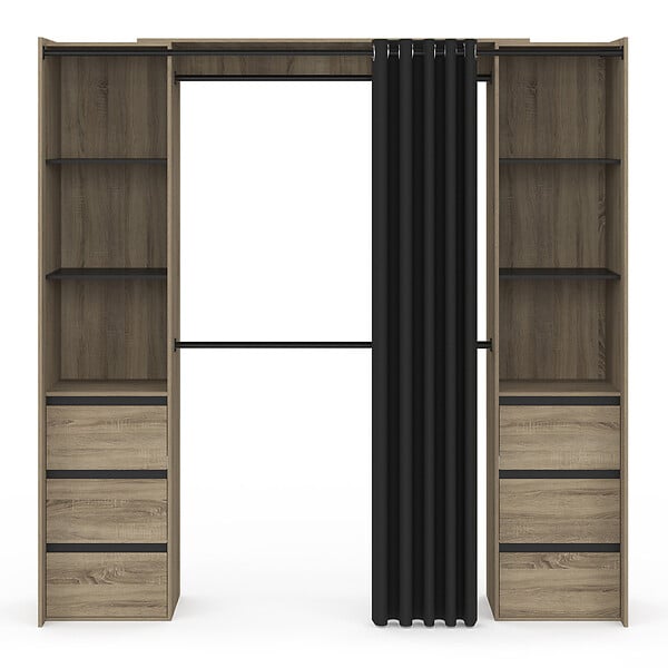 ID MARKET - Dressing extensible double MERYL 120/180 cm hêtre avec 6 tiroirs + étagères + double penderie + rideau noir - large