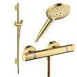 HANSGROHE - Pack mitigeur douche thermostatique Ecostat Comfort + Barre Unica + flexible + Pommeau Raindance 3 jets aspect doré poli - vignette