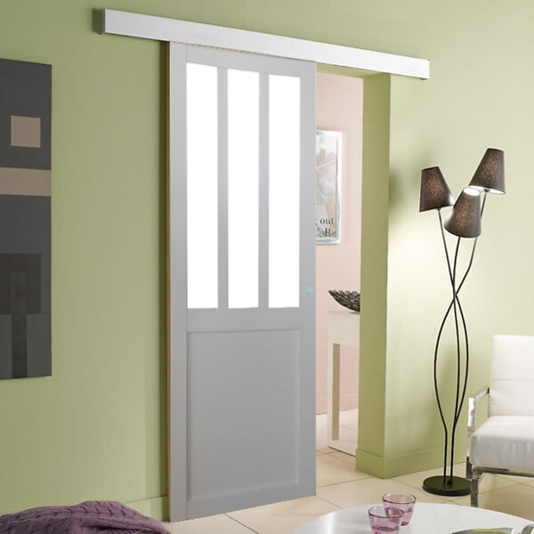 GD MENUISERIES - Porte Coulissante Atelier Blanc vitre depoli H204 x L73 cm, Rail alu Bandeau Blanc - large