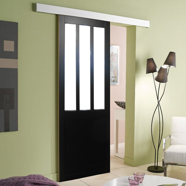 GD MENUISERIES - Porte Coulissante Atelier Noir vitre depoli H204 x L83 cm, Rail Alu - large