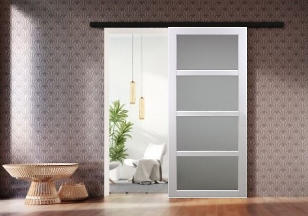 GD MENUISERIES - Porte Coulissante Tana blanc Vitrée H204 x L63 cm, Rail Alu bandeau noir - large