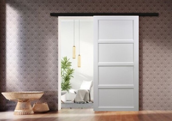 GD MENUISERIES - Porte Coulissante Tamera blanc 4 panneaux H204 x L83 cm, Rail Alu bandeau noir - large