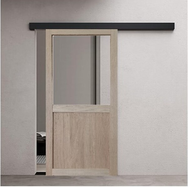GD MENUISERIES - Porte Coulissante Atelier placage chene Vitrée H204 x L73 cm, Rail Alu bandeau noir - large