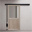 GD MENUISERIES - Porte Coulissante Atelier placage chene Vitrée H204 x L73 cm, Rail Alu bandeau noir - vignette