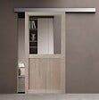 GD MENUISERIES - Porte Coulissante Atelier placage chene Vitrée H204 x L73 cm, Rail Alu bandeau blanc - vignette