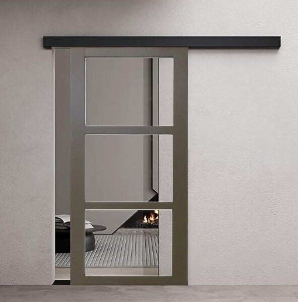 GD MENUISERIES - Porte Coulissante Gris Taupe RAL 7006 Vitrage transparent H204 x L83 cm, Rail Alu Bandeau noir - large