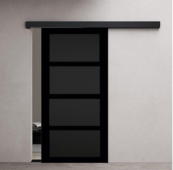 GD MENUISERIES - Porte Coulissante Telia noir 4 panneaux H204 x L83 cm, Rail Alu bandeau noir - large