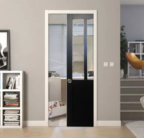 GD MENUISERIES - Porte Coulissante Atelier Noir H204 x L93 cm, Galandage, kit de finition - large