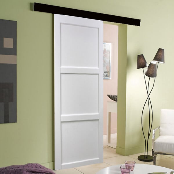 GD MENUISERIES - Porte Coulissante Korya Blanc 3 panneaux H204 x L93 cm, Rail Alu bandeau noir - large