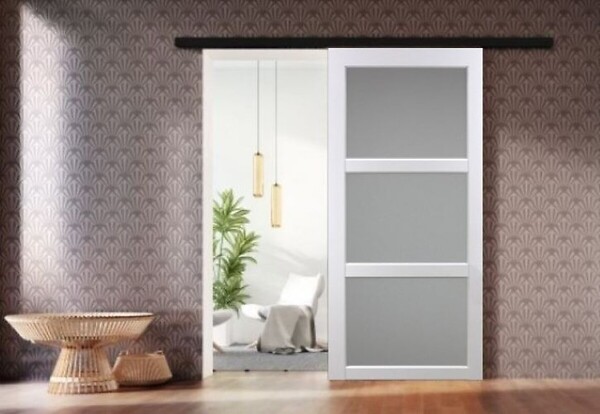 GD MENUISERIES - Porte Coulissante Kenya Blanc Vitrée H204 x L93 cm, Rail Alu bandeau noir - large