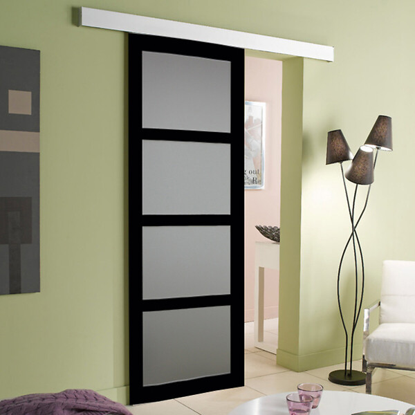 GD MENUISERIES - Porte Coulissante Telia Noir Vitrée H204 x L83 cm, Rail Alu bandeau blanc - large
