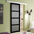 GD MENUISERIES - Porte Coulissante Telia Noir Vitrée H204 x L83 cm, Rail Alu bandeau blanc - vignette
