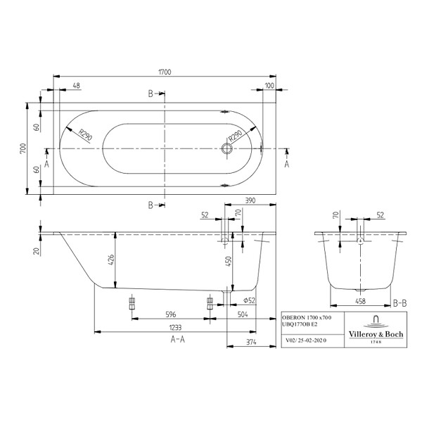 VILLEROY ET BOCH - Baignoire droite  Oberon quaryl 170 x 70 cm  + Pare bain droite AURYS Mist 1 chromé - large
