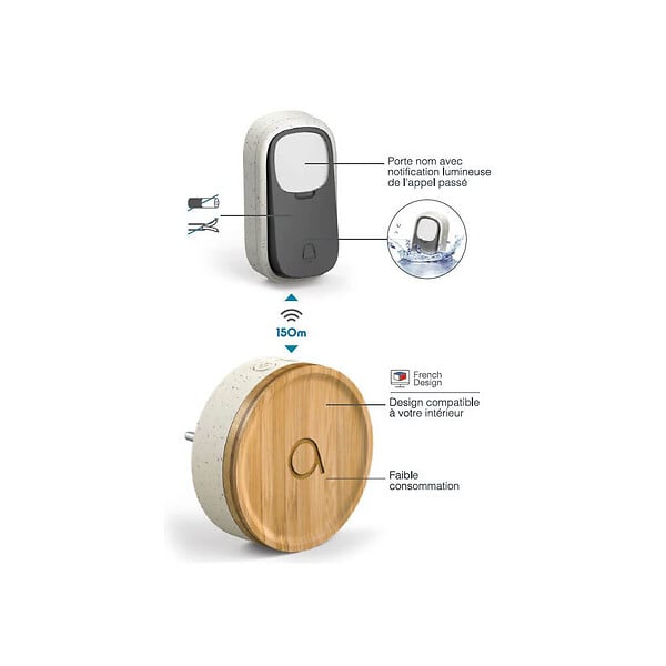 AVIDSEN - Lot de 2 carillons et 1 bouton sans fil sans pile Bamboo - large
